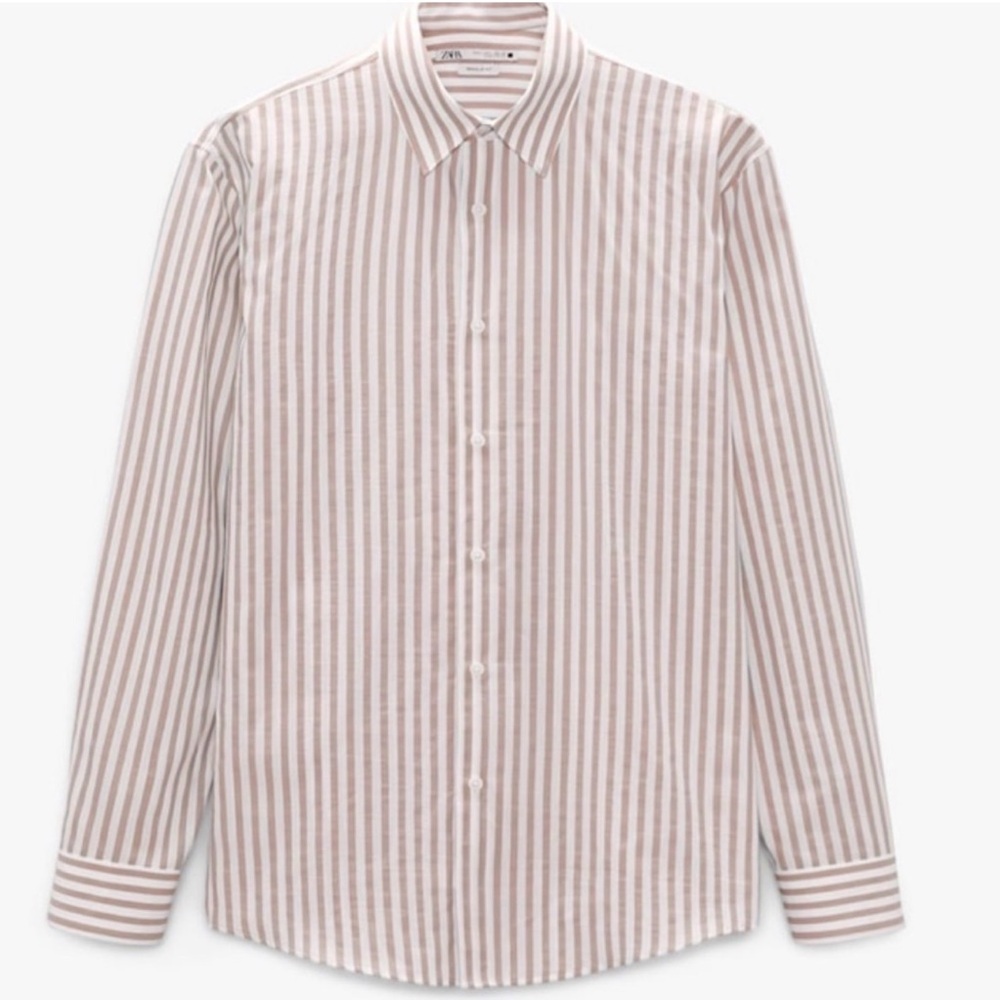 NWT Zara Men's Regular Fit Striped Button-Down Shirt in Beige and White L
